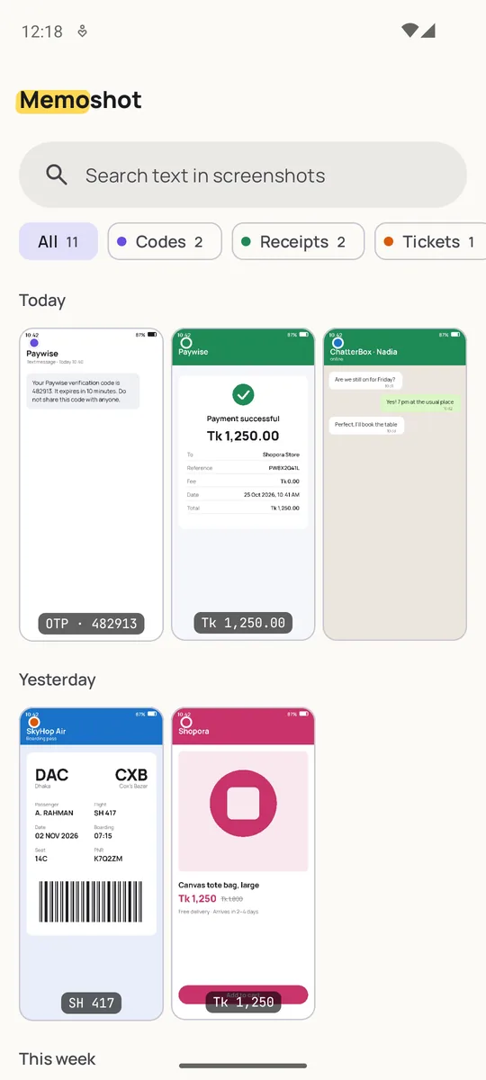 Memoshot home screen: screenshots grouped by day with category chips for codes, receipts and tickets, and a cleanup card
