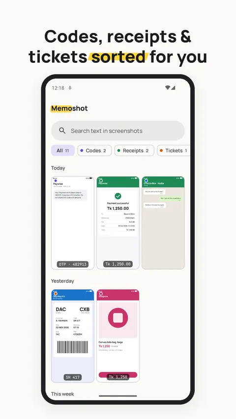 Home screen with screenshots grouped by day and chips for each category