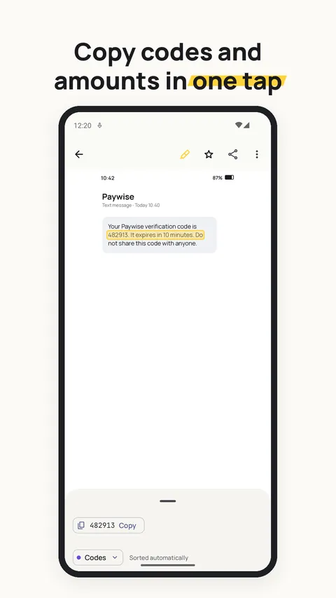 A screenshot opened full screen with buttons to copy the code and the amount
