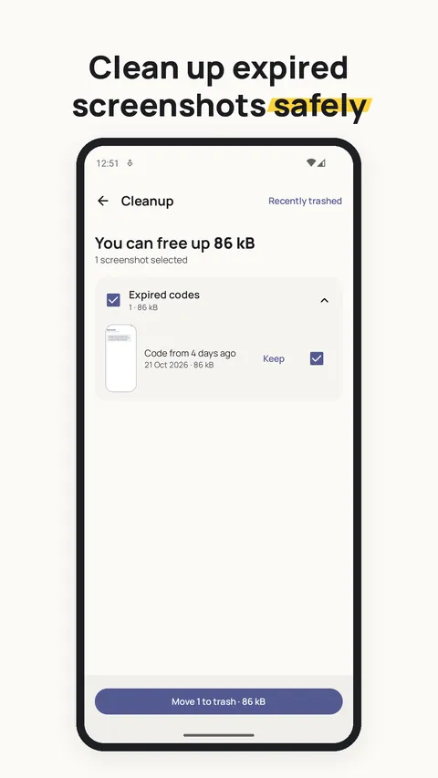 Cleanup screen listing expired codes and old screenshots with the reason for each