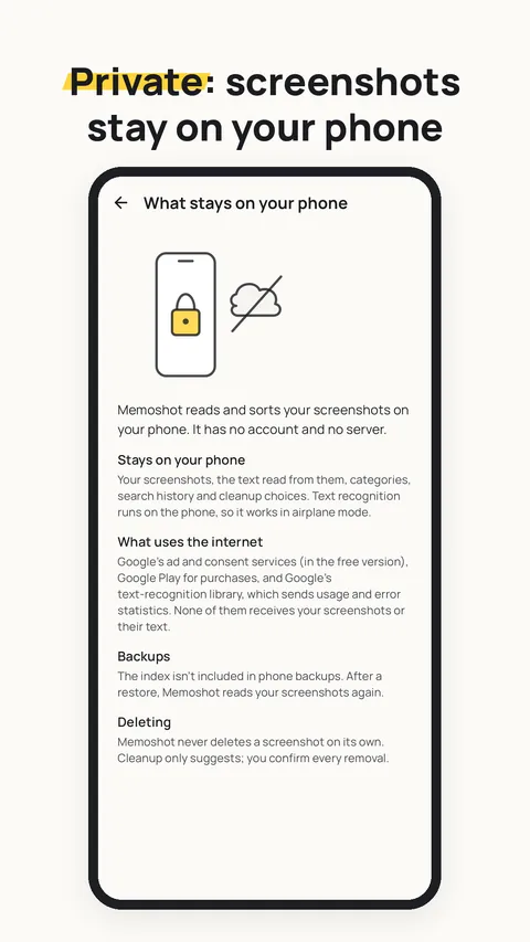 The in-app page that explains what stays on the phone and what uses the internet